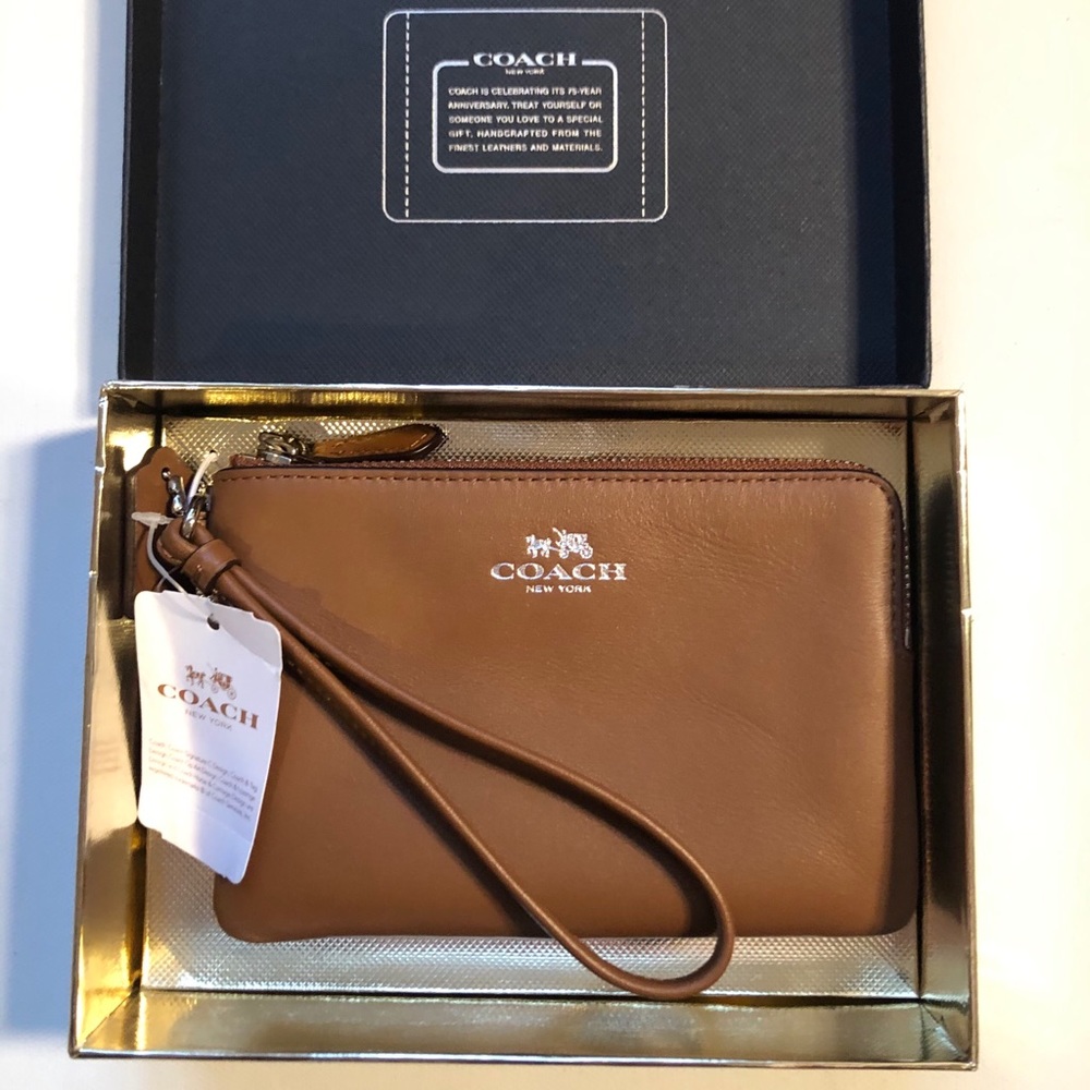 Boxed Coach Wristlet in Saddle Brown NWT